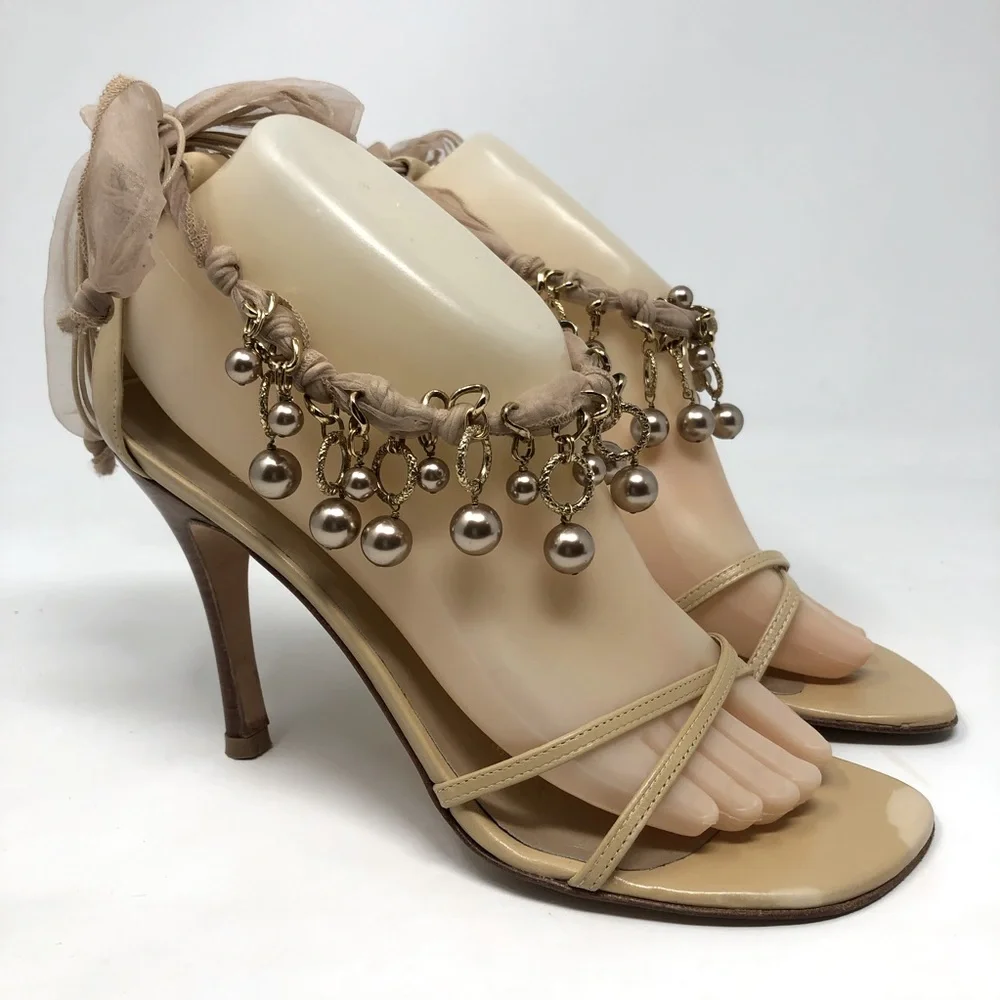 Stuart Weitzman Nude Tie Strap Square Toe Heels
